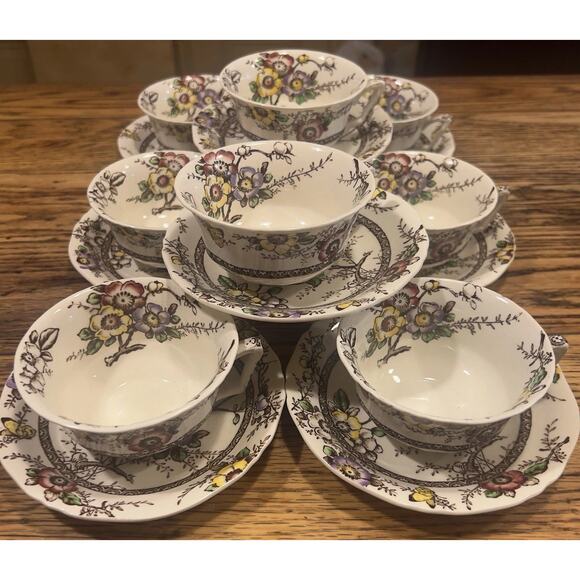 8 sets - 16 Pc - Alfred Meakin Medway dark brown Floral Cups & Saucers BUTTERFLY - Picture 1 of 16